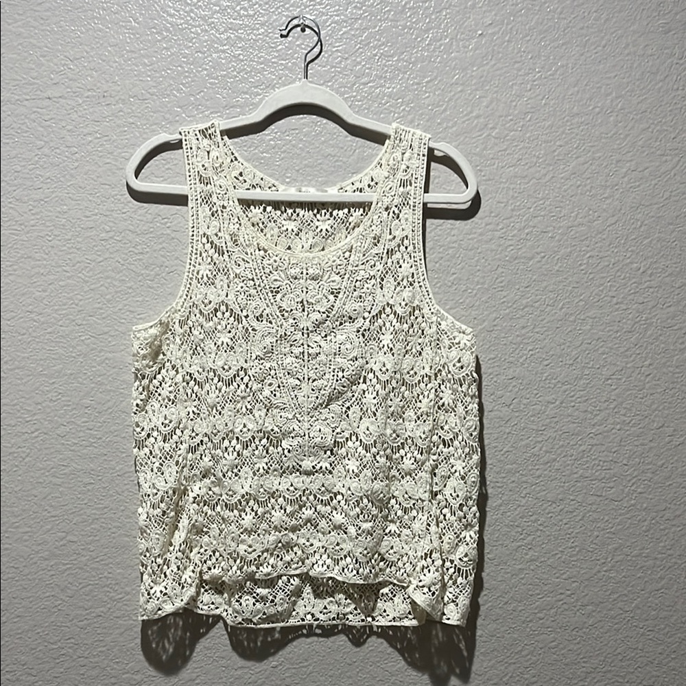 Fun 2 Fun Cream Lace Top Sleeveless Size S/M Boho Cottage core Crochet TC0564